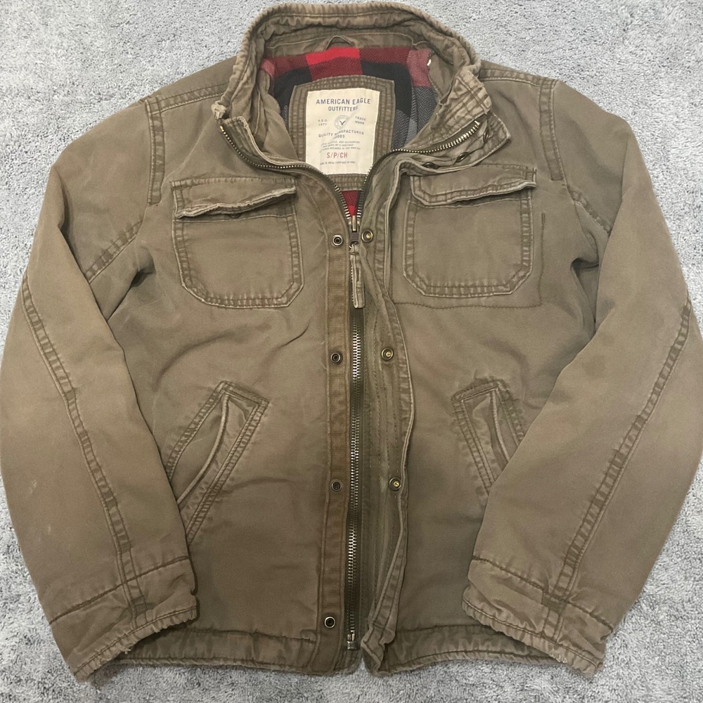 American Eagle Outfitters Mens Small Olive Canvas Field Jacket Plaid Lined S
